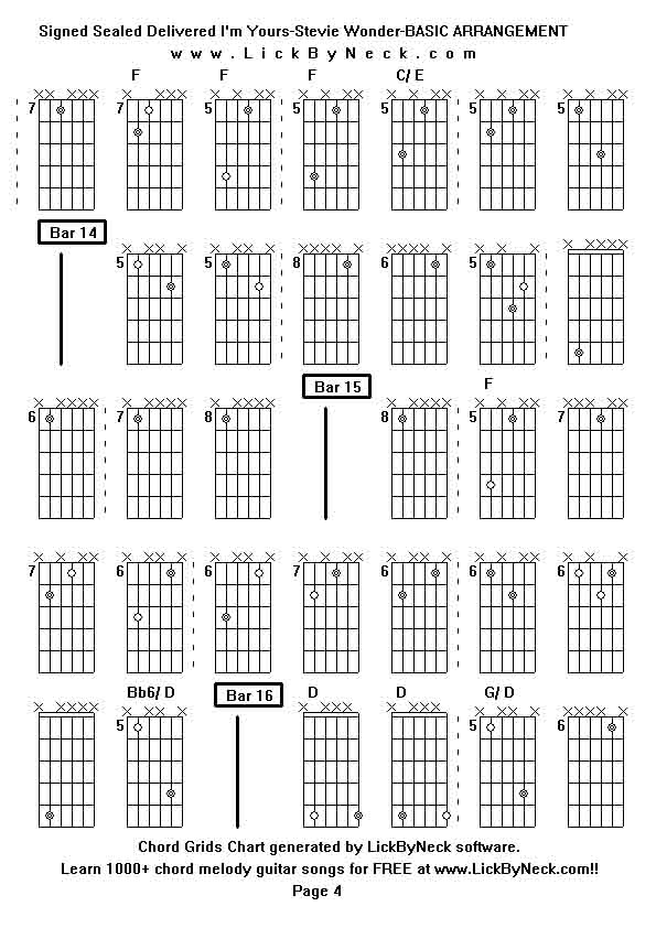 Chord Grids Chart of chord melody fingerstyle guitar song-Signed Sealed Delivered I'm Yours-Stevie Wonder-BASIC ARRANGEMENT,generated by LickByNeck software.